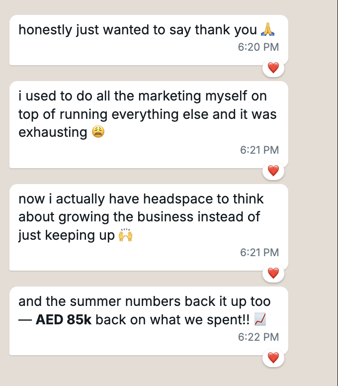 Client message: AED 85k back on what we spent over summer